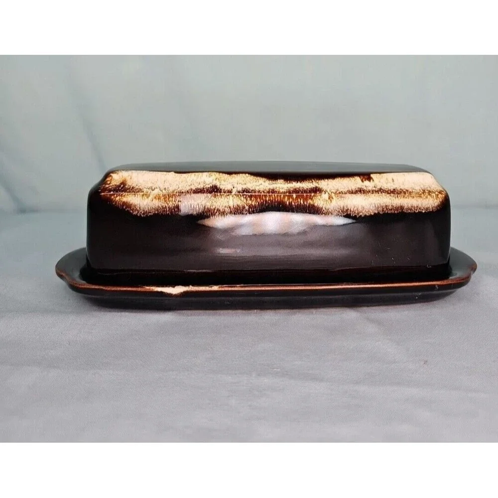 Butter Dish Pfaltzgraff Gourmet Brown Stoneware Drip Glaze Covered 1/4 lb